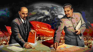 И.В. Сталин И В.И. Ленин смотрят на карту мира